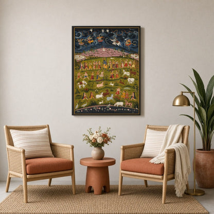 Experience the divine act of Krishna lifting the Govardhan Hill in this enchanting Pichwai artwork. for Sitting Lounge