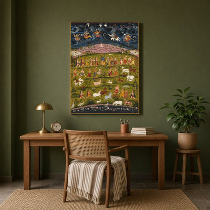 Experience the divine act of Krishna lifting the Govardhan Hill in this enchanting Pichwai artwork. for Study