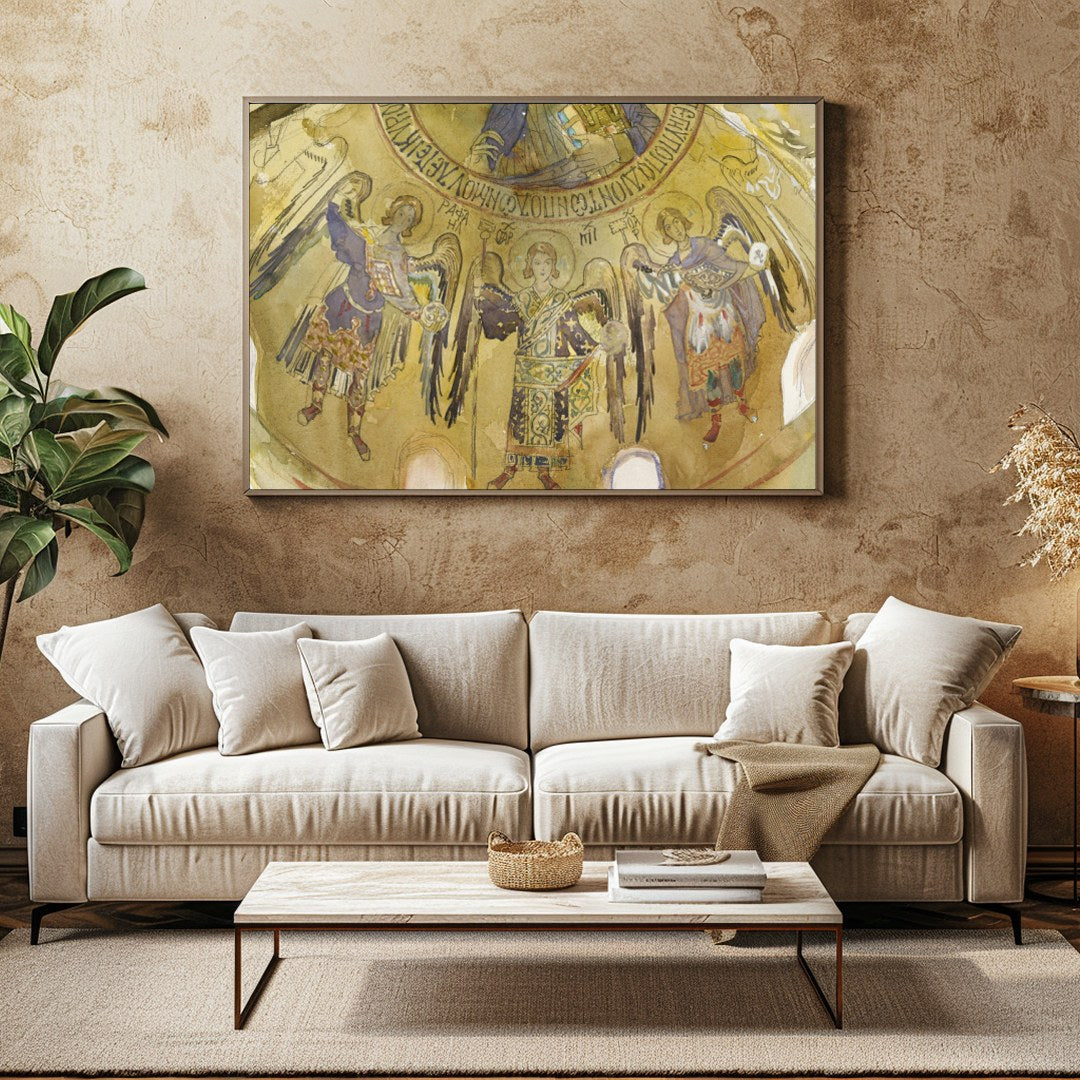 Immerse yourself in the ethereal beauty of an ancient celestial fresco, adorned with graceful for Family Room