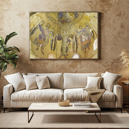 Immerse yourself in the ethereal beauty of an ancient celestial fresco, adorned with graceful for Family Room