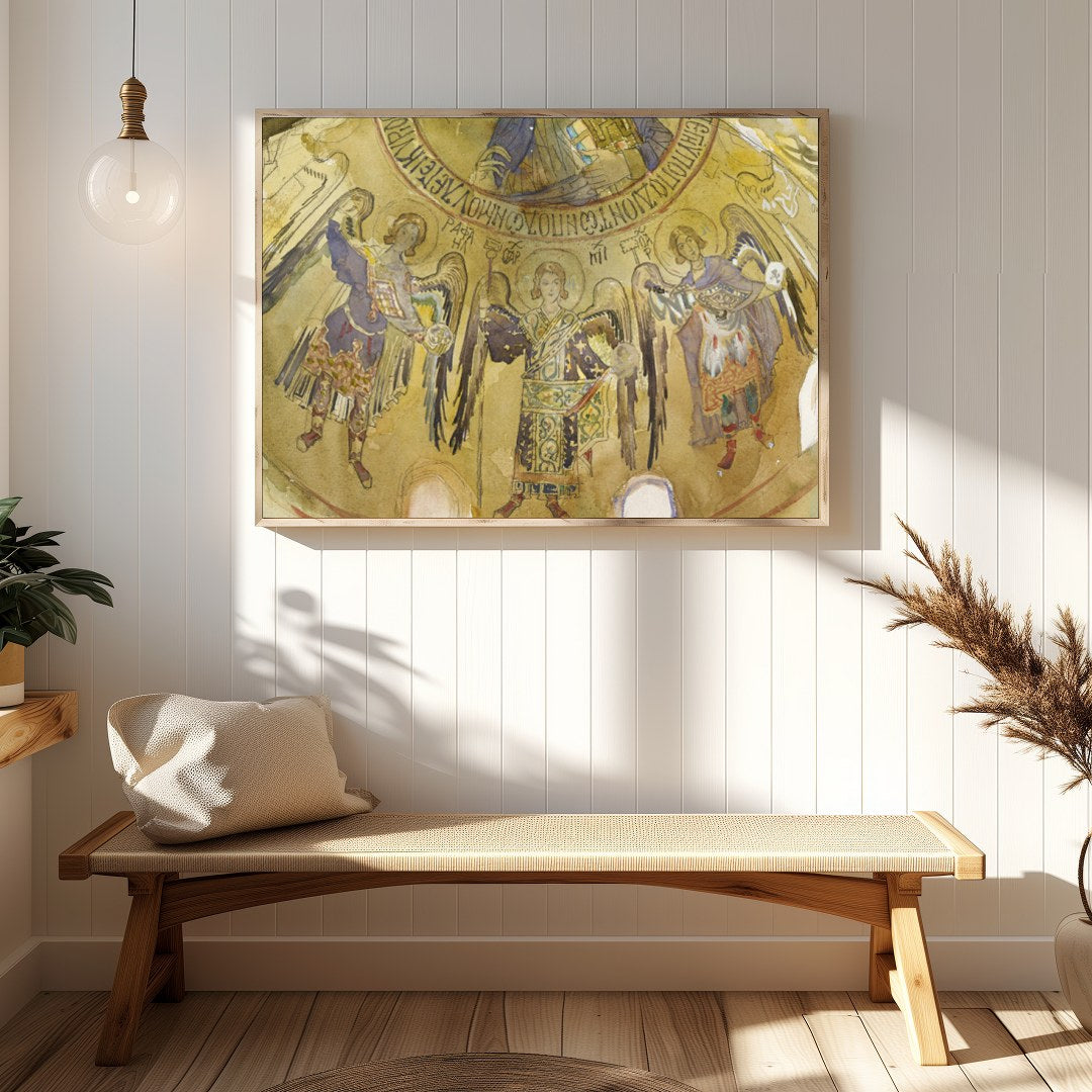 Immerse yourself in the ethereal beauty of an ancient celestial fresco, adorned with graceful for Hallway