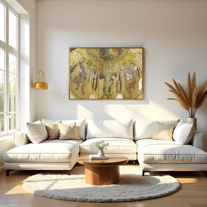 Immerse yourself in the ethereal beauty of an ancient celestial fresco, adorned with graceful for Living Room