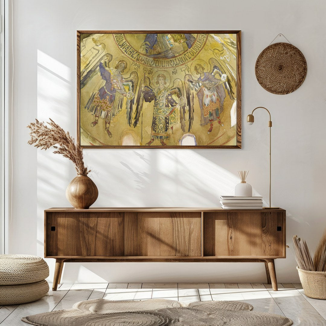 Immerse yourself in the ethereal beauty of an ancient celestial fresco, adorned with graceful for Sitting Area