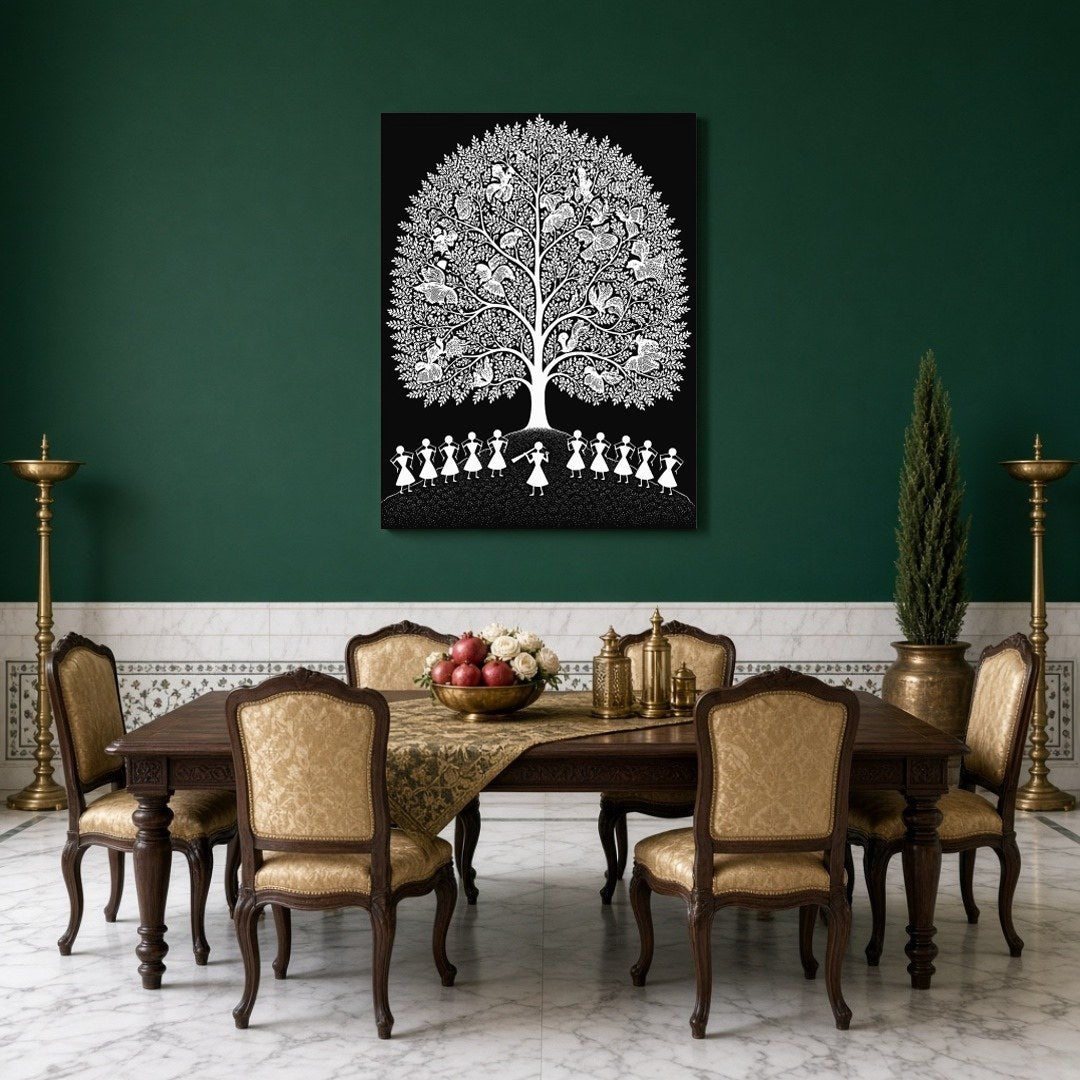 Experience the enchanting rhythms of village life with this Warli Art print, showcasing a for Dining