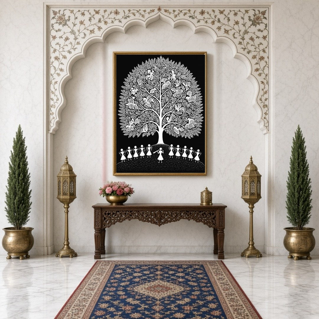 Experience the enchanting rhythms of village life with this Warli Art print, showcasing a for Hallway