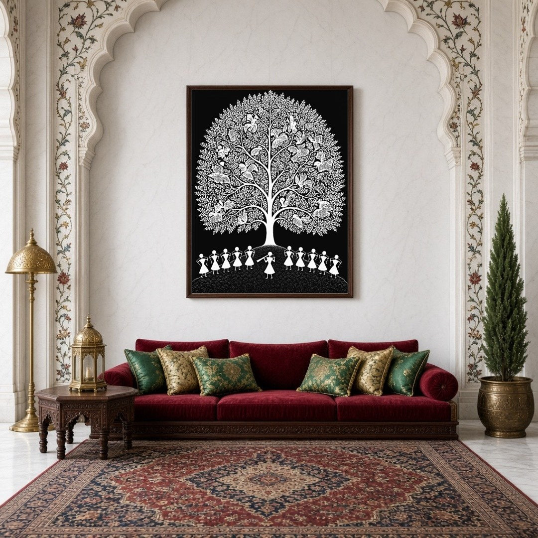 Experience the enchanting rhythms of village life with this Warli Art print, showcasing a for Living Room