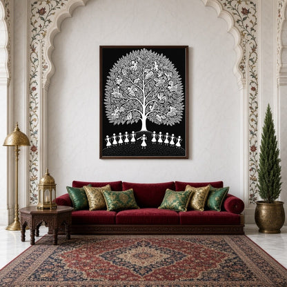 Experience the enchanting rhythms of village life with this Warli Art print, showcasing a for Living Room