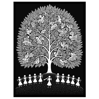 Experience the enchanting rhythms of village life with this Warli Art print, showcasing a for sanctuary