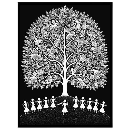 Experience the enchanting rhythms of village life with this Warli Art print, showcasing a for sanctuary