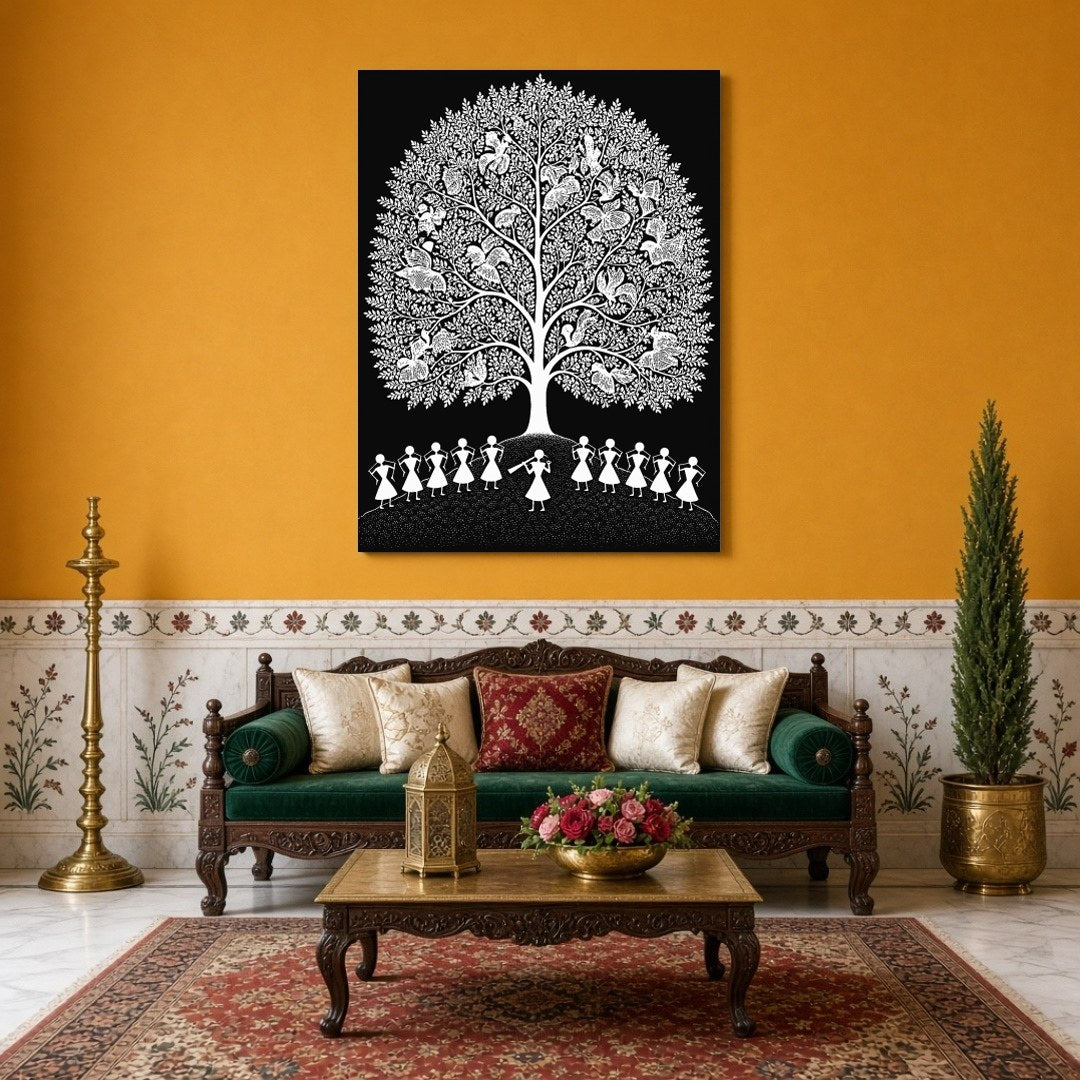 Experience the enchanting rhythms of village life with this Warli Art print, showcasing a for Sitting Area