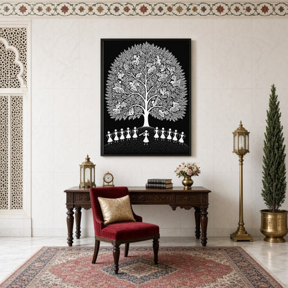 Experience the enchanting rhythms of village life with this Warli Art print, showcasing a for Study