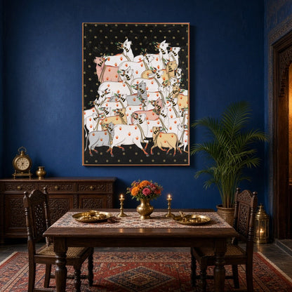 Delve into the serene world of Indian art with 'Celestial Gathering: Sacred Cows in Pichwai Bliss'. for Dining
