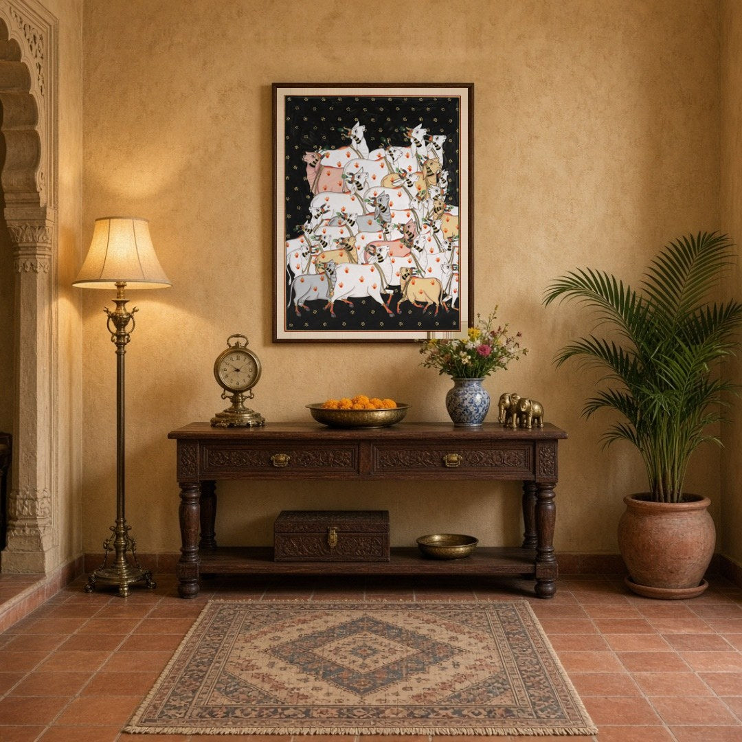 Delve into the serene world of Indian art with 'Celestial Gathering: Sacred Cows in Pichwai Bliss'. for Entrance