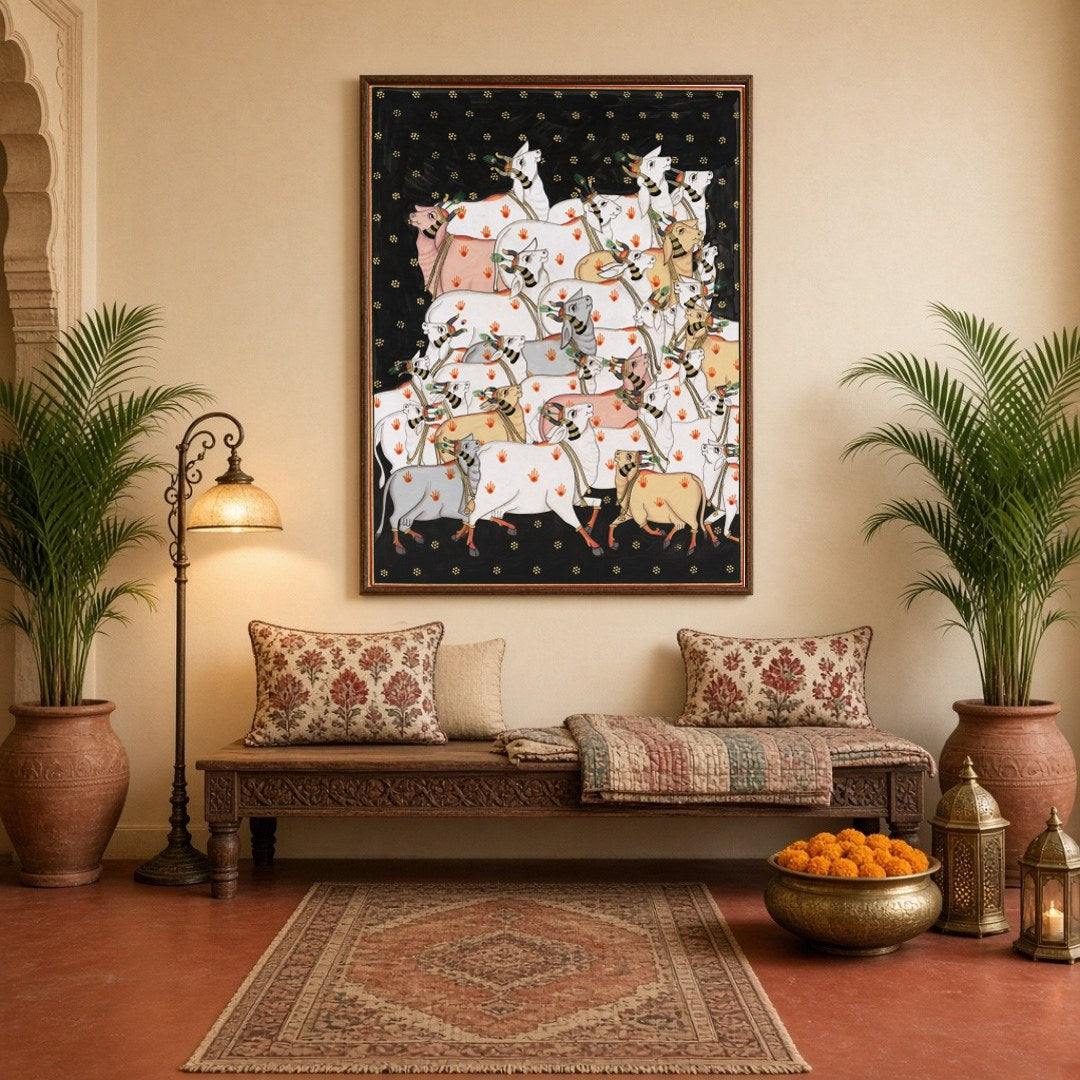 Delve into the serene world of Indian art with 'Celestial Gathering: Sacred Cows in Pichwai Bliss'. for Hallway
