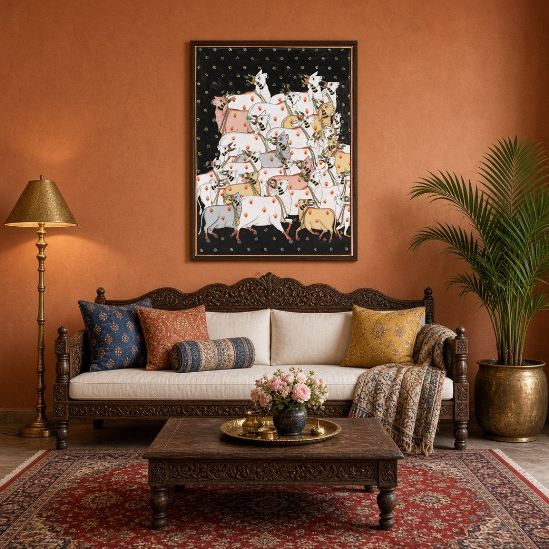 Delve into the serene world of Indian art with 'Celestial Gathering: Sacred Cows in Pichwai Bliss'. for Living Room