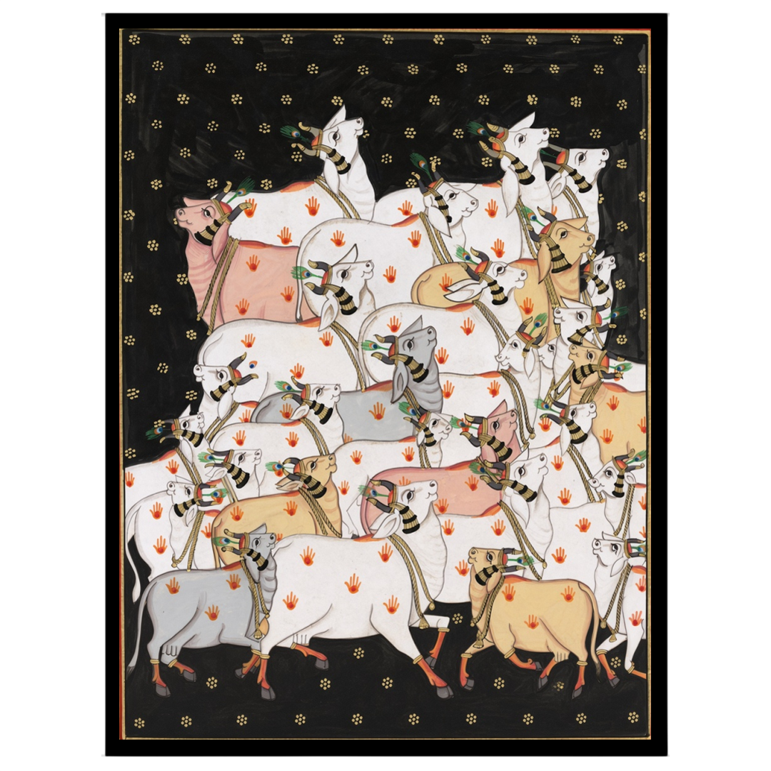Delve into the serene world of Indian art with 'Celestial Gathering: Sacred Cows in Pichwai Bliss'. for lovely-house