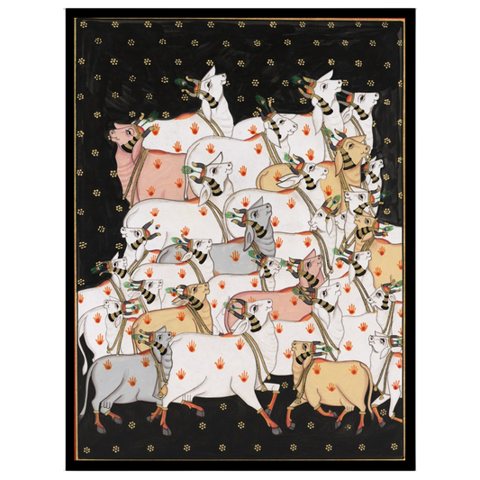 Delve into the serene world of Indian art with 'Celestial Gathering: Sacred Cows in Pichwai Bliss'. for lovely-house