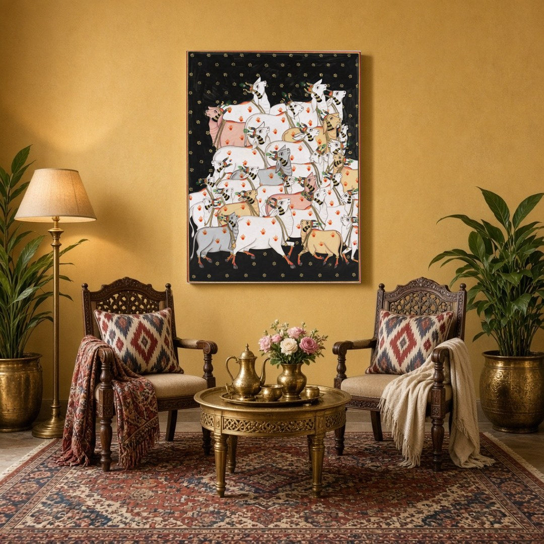 Delve into the serene world of Indian art with 'Celestial Gathering: Sacred Cows in Pichwai Bliss'. for Sitting Area