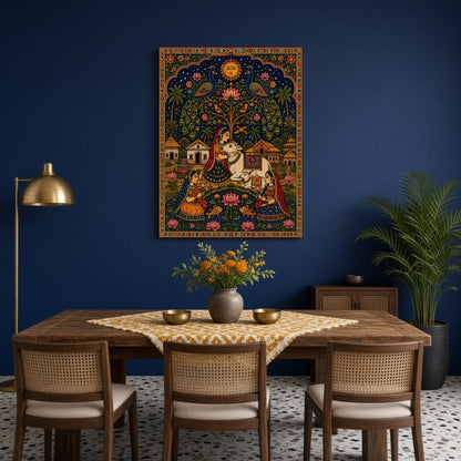 Immerse yourself in the divine elegance of traditional Pichwai art with this exquisite piece for Dining