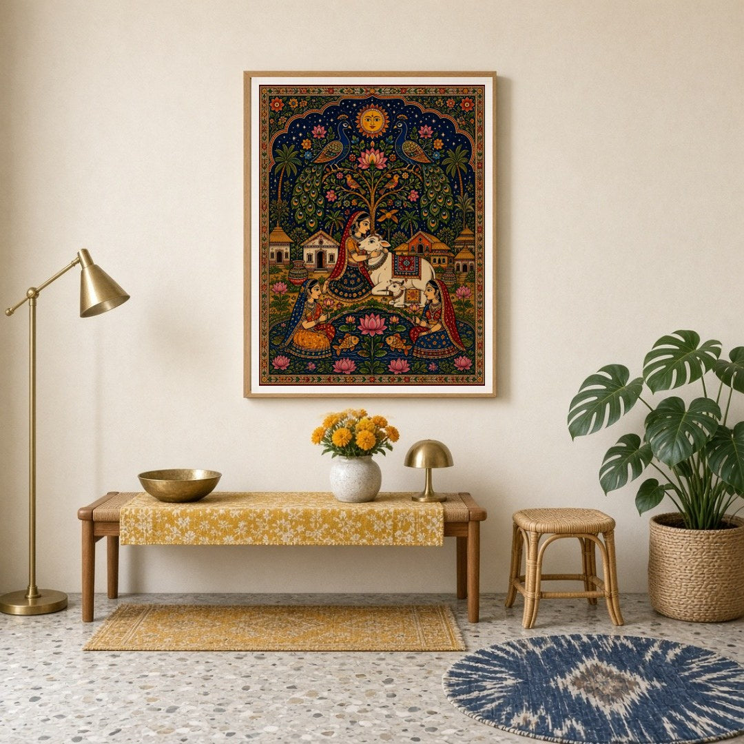 Immerse yourself in the divine elegance of traditional Pichwai art with this exquisite piece for Entrance
