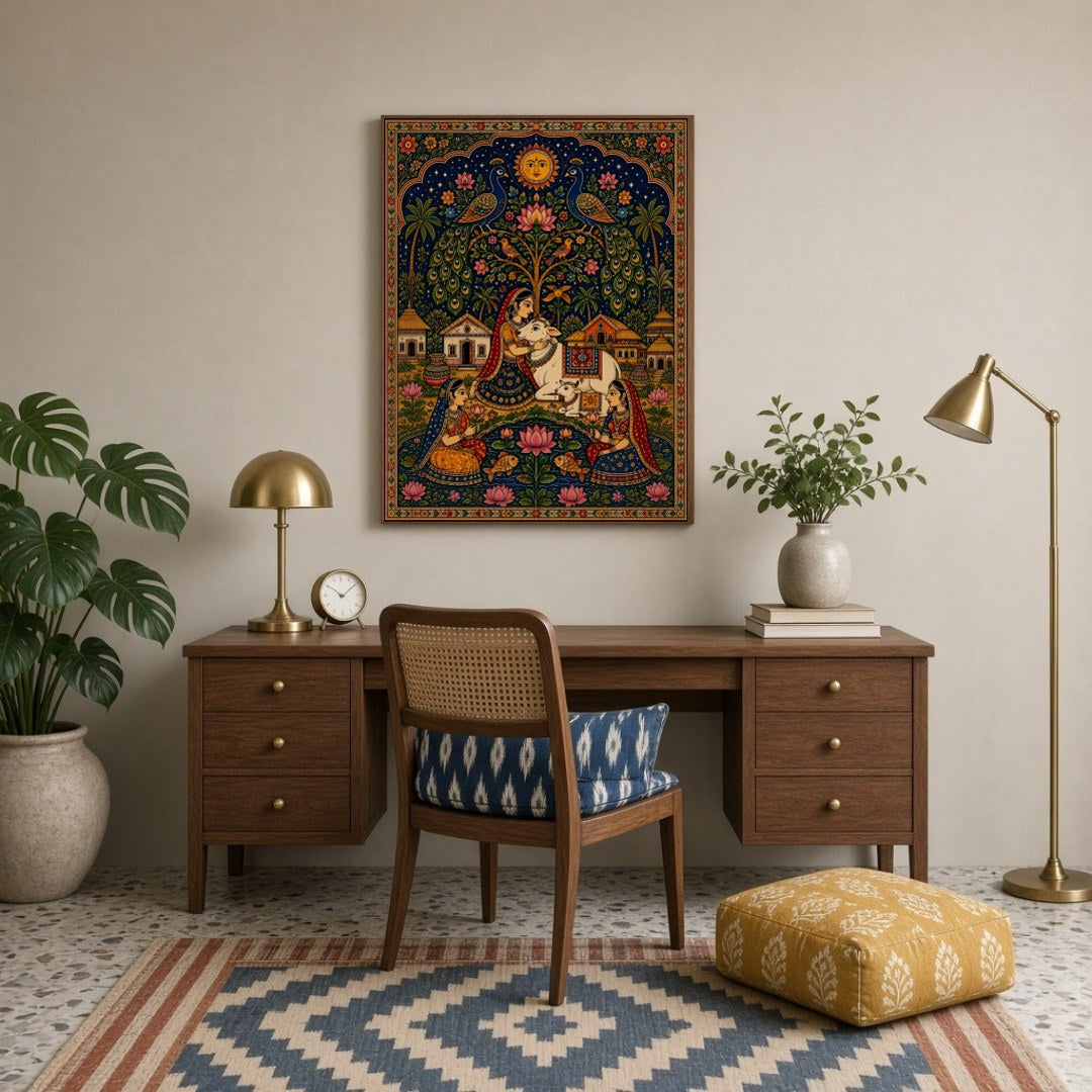 Immerse yourself in the divine elegance of traditional Pichwai art with this exquisite piece for Study