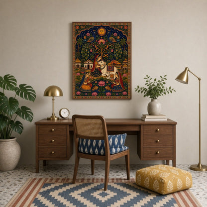 Immerse yourself in the divine elegance of traditional Pichwai art with this exquisite piece for Study