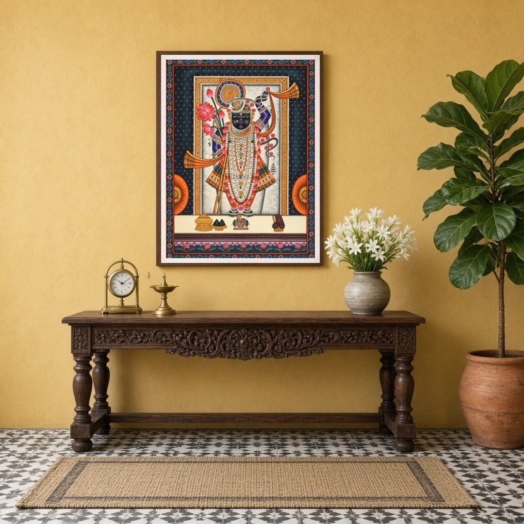 Embrace the divine presence of Shrinathji adorned with lotus and conch in this exquisite Pichwai for Entrance