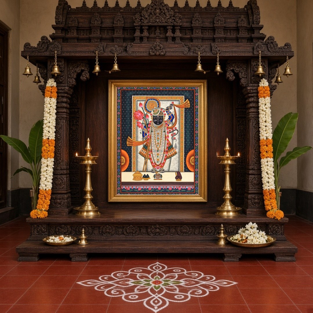 Embrace the divine presence of Shrinathji adorned with lotus and conch in this exquisite Pichwai for Home Temple