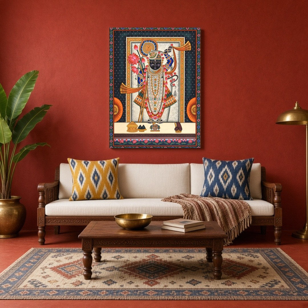 Embrace the divine presence of Shrinathji adorned with lotus and conch in this exquisite Pichwai for Living Room