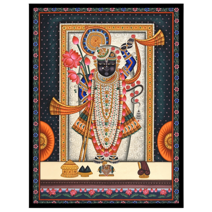 Embrace the divine presence of Shrinathji adorned with lotus and conch in this exquisite Pichwai for place