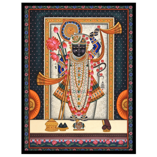 Embrace the divine presence of Shrinathji adorned with lotus and conch in this exquisite Pichwai for place