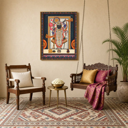 Embrace the divine presence of Shrinathji adorned with lotus and conch in this exquisite Pichwai for Sitting Lounge