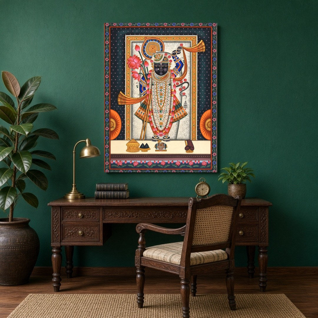Embrace the divine presence of Shrinathji adorned with lotus and conch in this exquisite Pichwai for Study