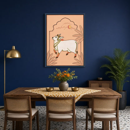 Immerse yourself in the ethereal beauty of 'Celestial Grace: Kamdhenu Under Peach Skies.' This for Dining