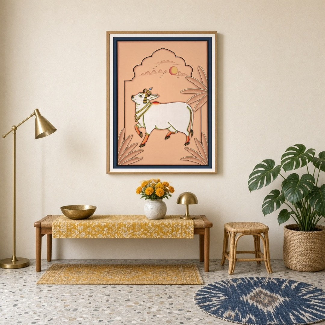 Immerse yourself in the ethereal beauty of 'Celestial Grace: Kamdhenu Under Peach Skies.' This for Entrance