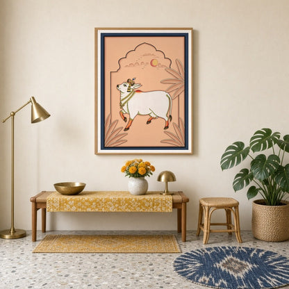 Immerse yourself in the ethereal beauty of 'Celestial Grace: Kamdhenu Under Peach Skies.' This for Entrance