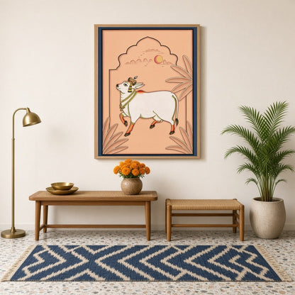 Immerse yourself in the ethereal beauty of 'Celestial Grace: Kamdhenu Under Peach Skies.' This for Hallway