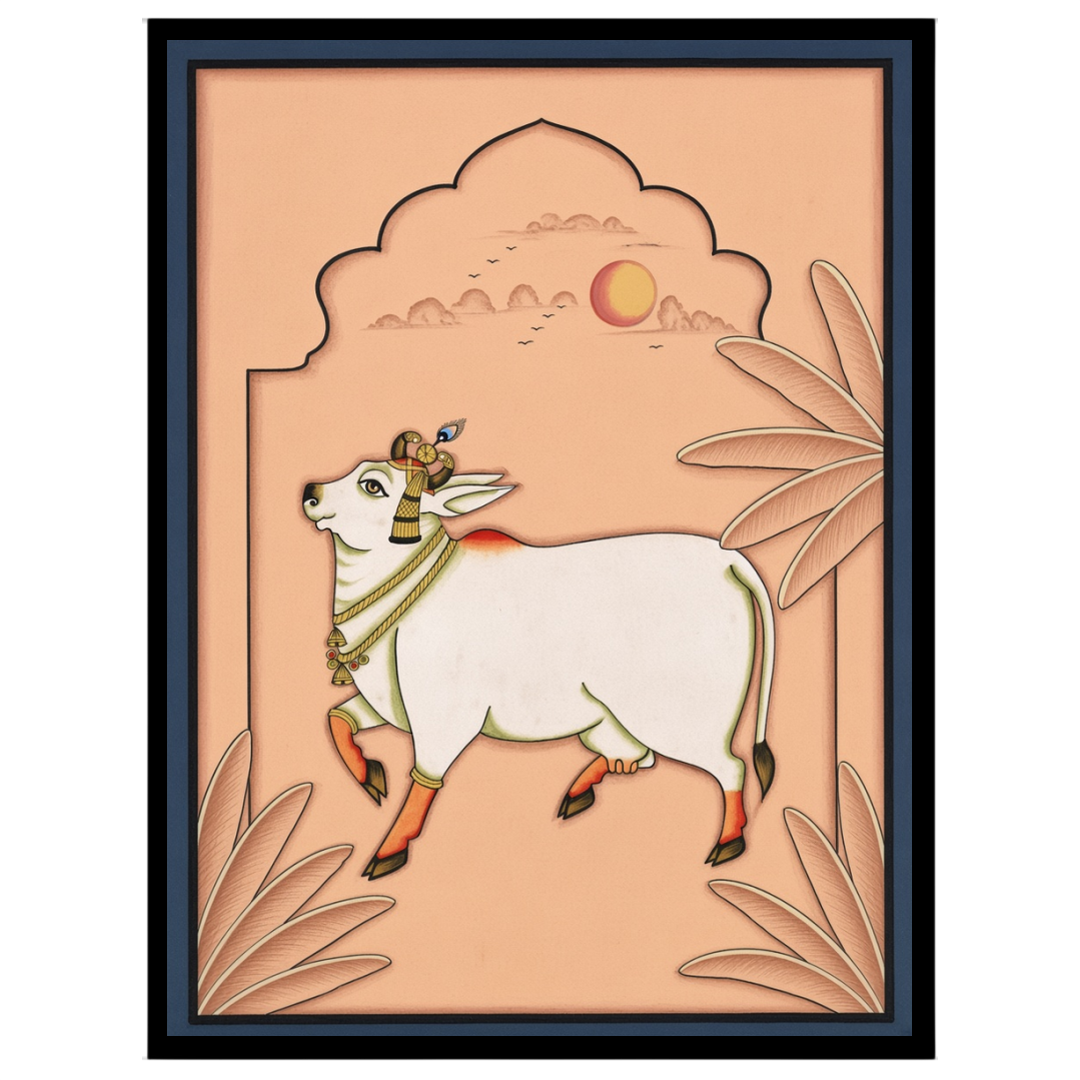 Immerse yourself in the ethereal beauty of 'Celestial Grace: Kamdhenu Under Peach Skies.' This for haven