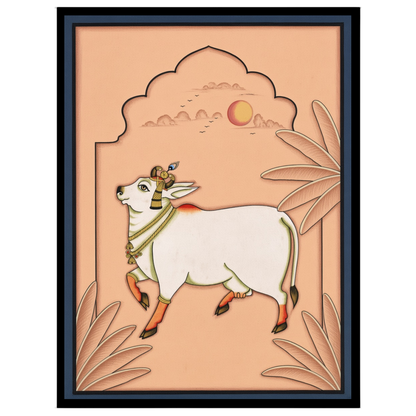 Immerse yourself in the ethereal beauty of 'Celestial Grace: Kamdhenu Under Peach Skies.' This for haven