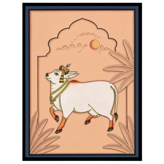 Immerse yourself in the ethereal beauty of 'Celestial Grace: Kamdhenu Under Peach Skies.' This for haven