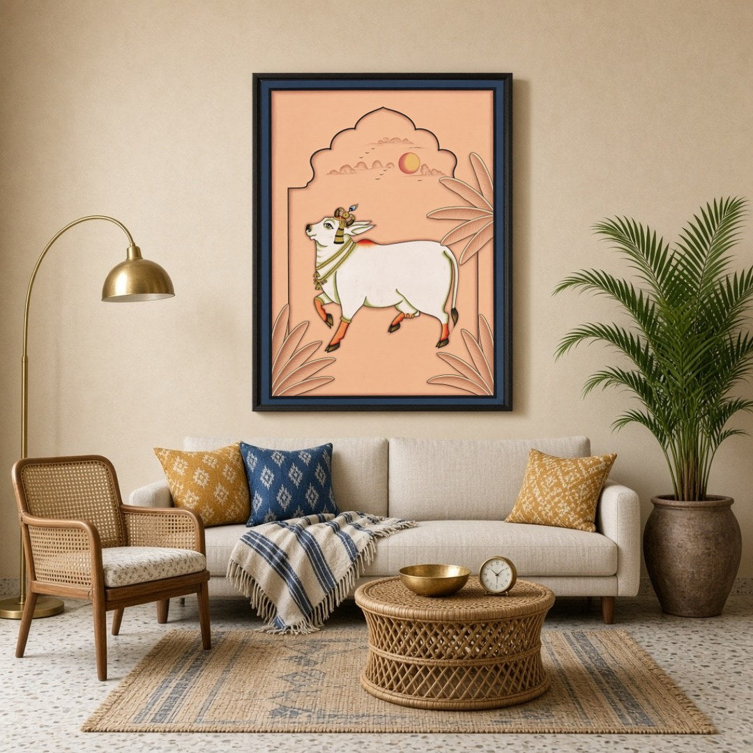 Immerse yourself in the ethereal beauty of 'Celestial Grace: Kamdhenu Under Peach Skies.' This for Living Room