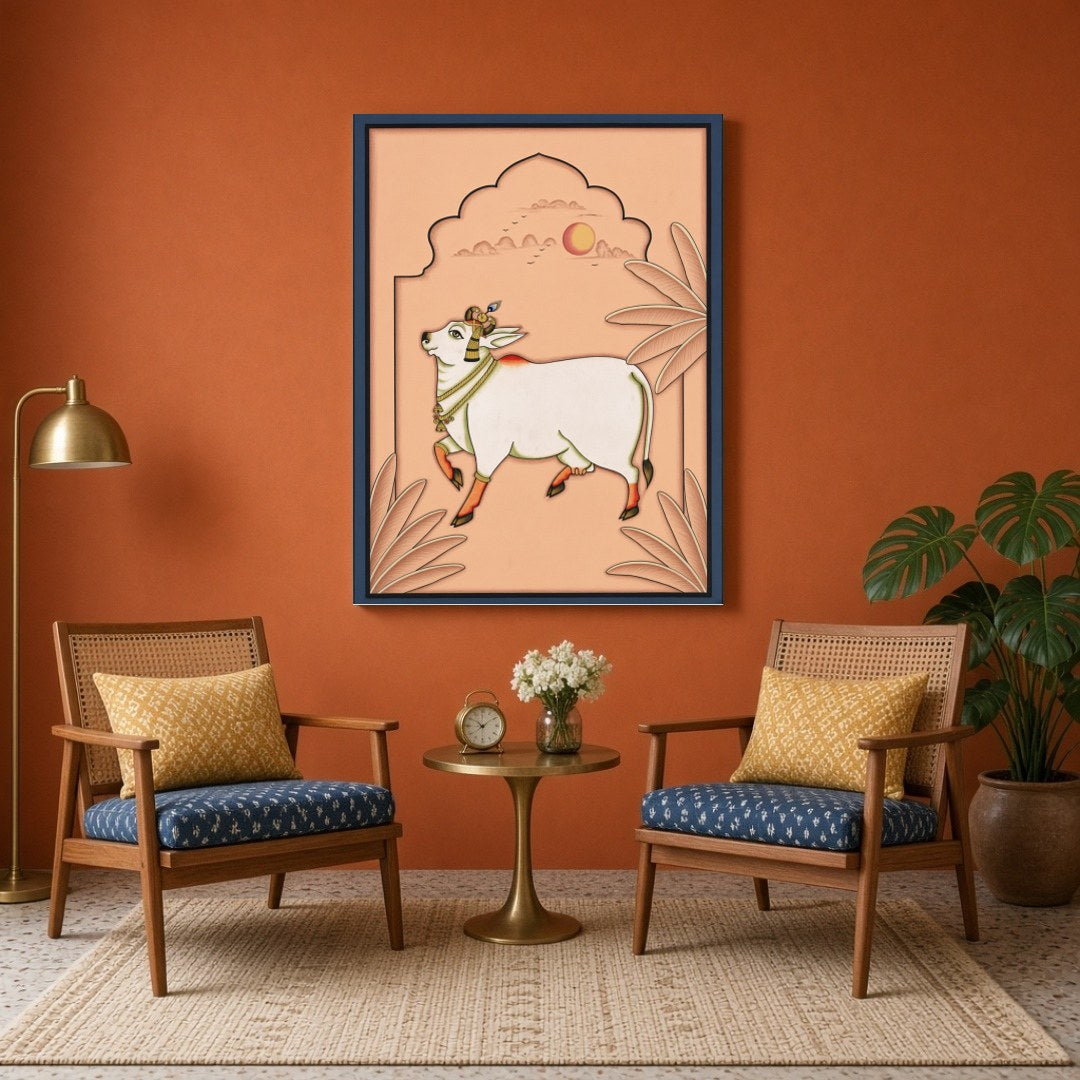 Immerse yourself in the ethereal beauty of 'Celestial Grace: Kamdhenu Under Peach Skies.' This for Sitting Area