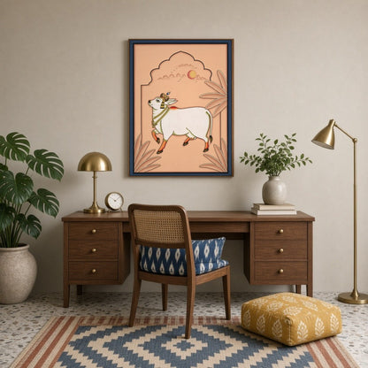 Immerse yourself in the ethereal beauty of 'Celestial Grace: Kamdhenu Under Peach Skies.' This for Study