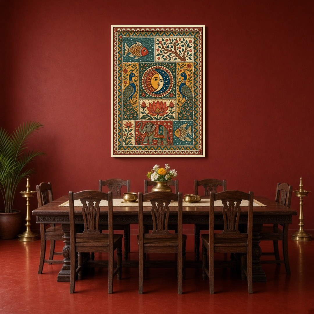 Embrace the cosmic balance with an exquisite Madhubani art piece depicting the unity of the sun and for Dining