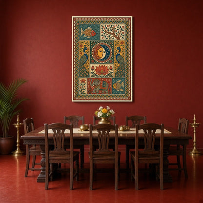 Embrace the cosmic balance with an exquisite Madhubani art piece depicting the unity of the sun and for Dining