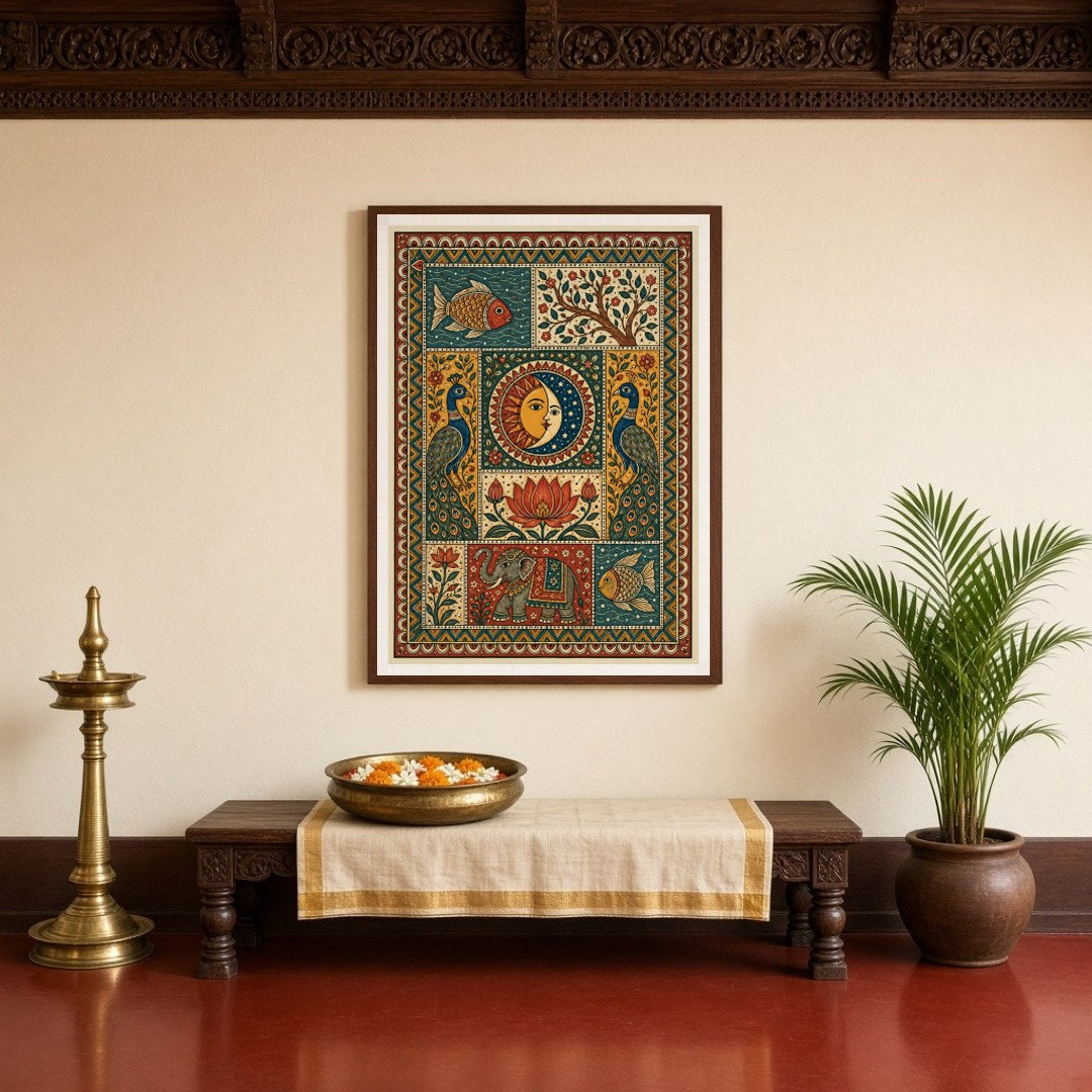 Embrace the cosmic balance with an exquisite Madhubani art piece depicting the unity of the sun and for Entrance