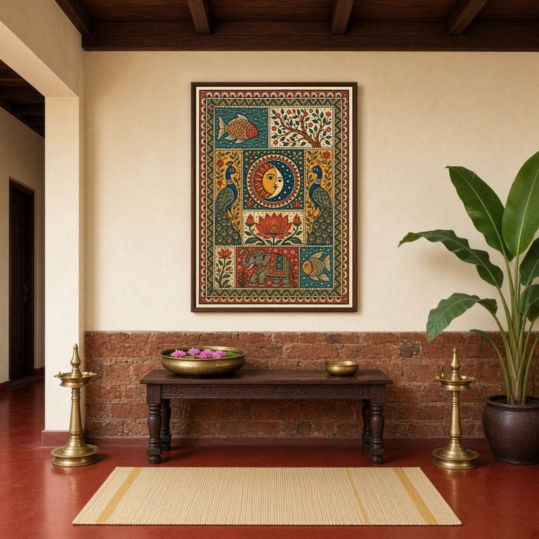 Embrace the cosmic balance with an exquisite Madhubani art piece depicting the unity of the sun and for Hallway