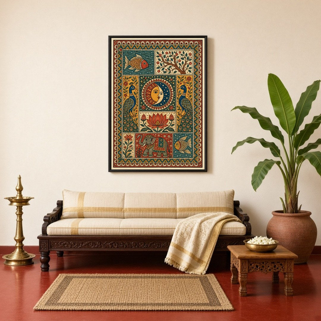 Embrace the cosmic balance with an exquisite Madhubani art piece depicting the unity of the sun and for Living Room