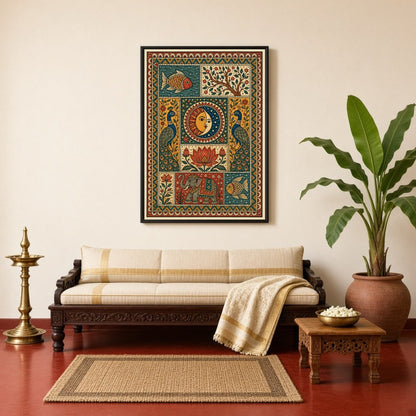 Embrace the cosmic balance with an exquisite Madhubani art piece depicting the unity of the sun and for Living Room