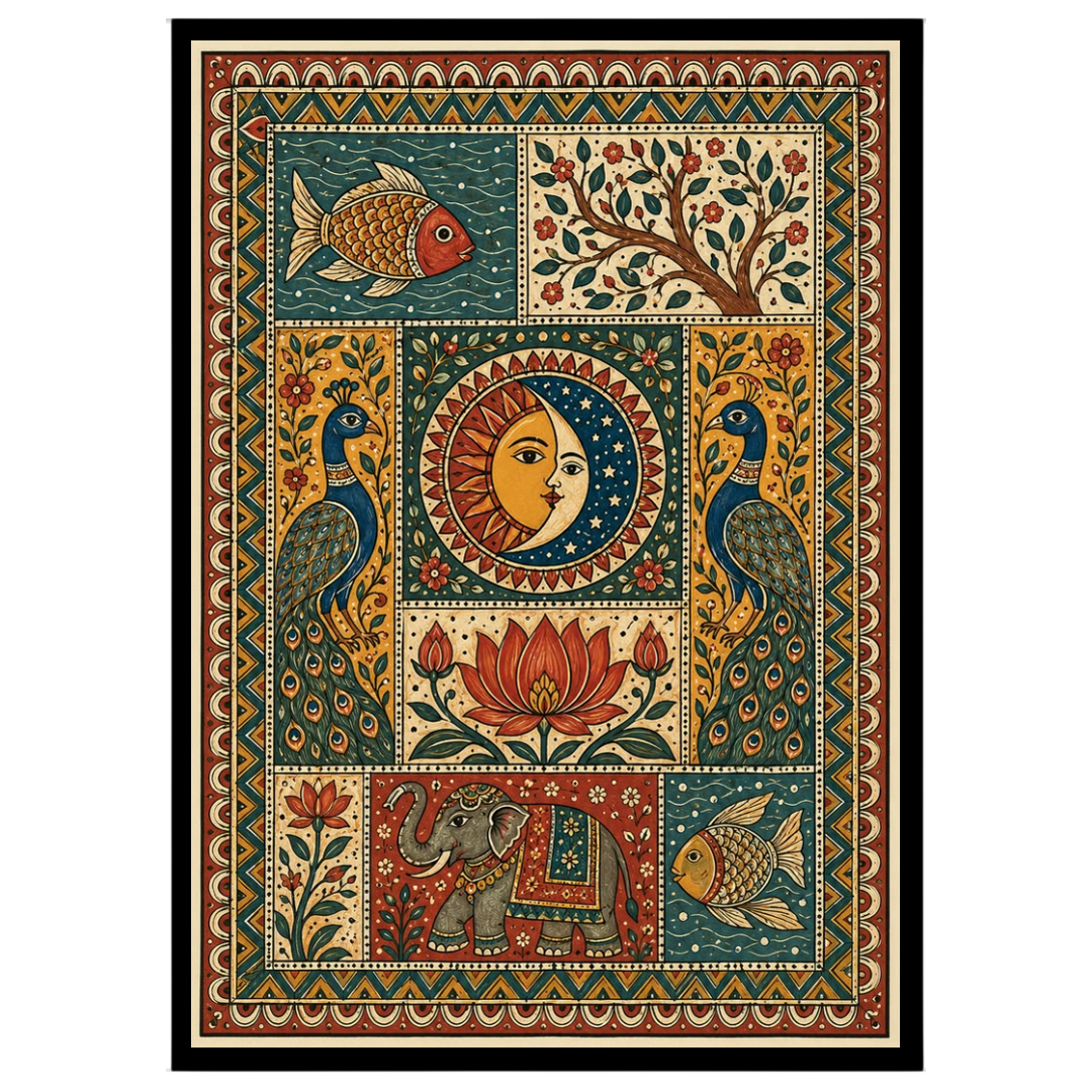 Embrace the cosmic balance with an exquisite Madhubani art piece depicting the unity of the sun and for loft